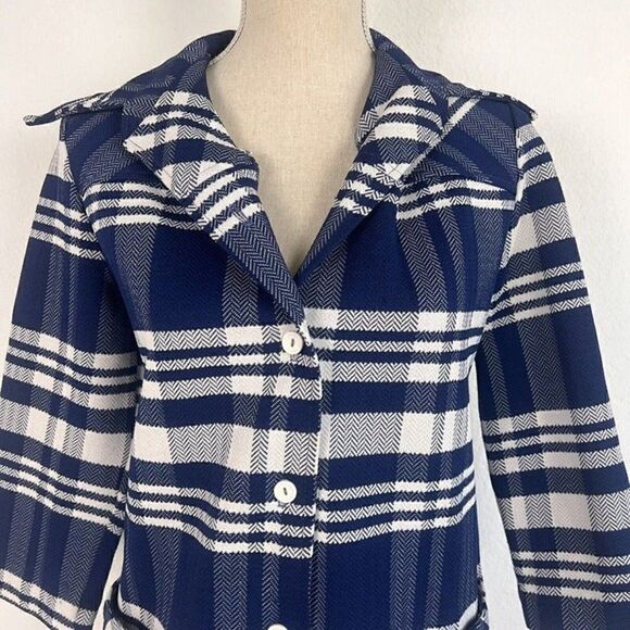 Vintage 70s Blue & White Plaid Button Down Jacket & Straight Leg Pant Set Small - Picture 11 of 12